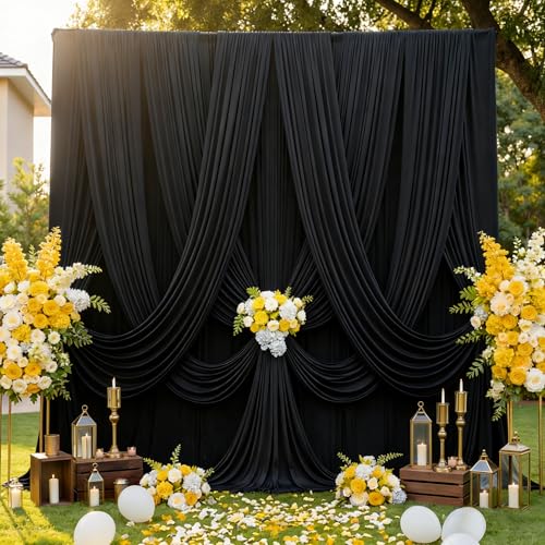 10ftx12ft Wrinkle Free Black Backdrop Curtain for Wedding Parties, 2 Panels 5x12 ft Long Silky Polyester Fabric Backdrop Drapes Black Photo Back Drop Cloth for Birthday Photography Background - color: Black, size: 12ft Long_2 Panels