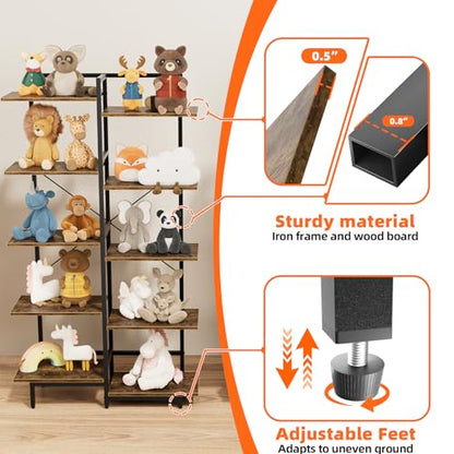 Aquzee 5 Tier Bookshelf, Tall Bookcase Shelf Storage Organizer with Wood and Metal Frame, Free Standing Storage Shelving for Bedroom, Living Room and Home Office, Rustic Brown