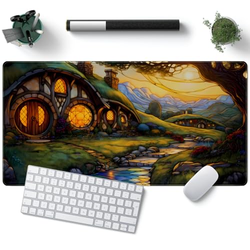 Cute House Anime Mouse Pad Desk Mat Gaming Playmat MTG Game Mat Large Gaming Mousepad for Desk Computer Keyboard Laptop Pad, Desk Decor Home Office with Stitched Eges Pad (31.5x15.7 in) - color: D-green Dwarf House