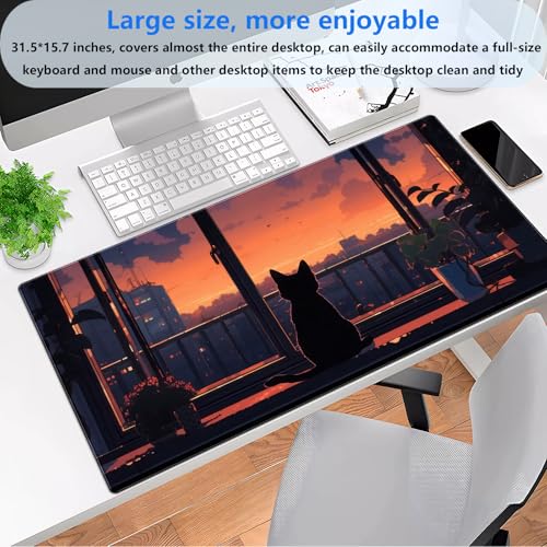 Anime Cat Sunset Desk Mat, Cozy Window View Large Mouse Pad 31.5x15.7 in | Cozy anime cat sunset desk pad with 3mm plush cushion, smooth fabric top, and non-slip rubber core. - color: Lofi Cat