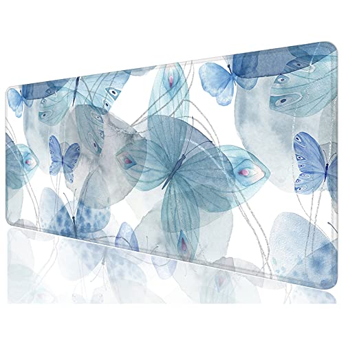 Desk Mat, 32" x 12" XXL Extended Large Gaming Mouse Pad, Desktop Decor Desk Pad, Cute Men Women Office Supplies and Accessories, XL Mouse Mat for Laptop & Keyboard, Blue Butterfly - color: Blue Butterfly, size: 32" x 12"