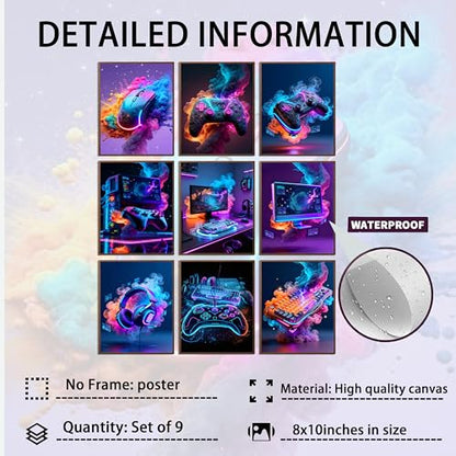 DDOPLKK Gaming Room Canvas Wall Art Set of 9, Game Posters Wall Decor, Gamer Paintings Picture Print for Boys Room Kids Game Room Bedroom Boys Home Decoration 8x10In Unframed