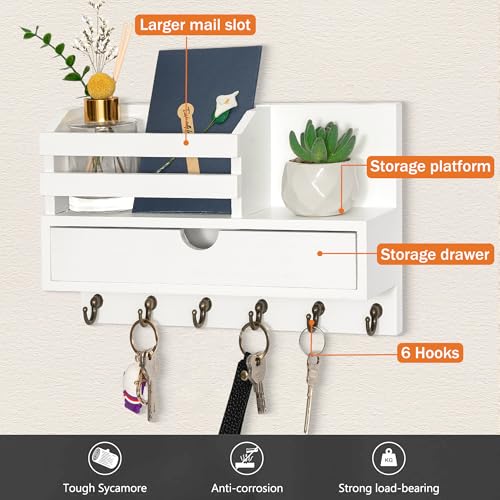 dreampossible Key and Mail Holder for Wall, Mail Organizer Wall Mount with 6 Hooks and Storage Drawer, Wooden Key Rack Hanger with Shelf for Entryway and Home Decor - color: White, size: Standard(11.6''x7.9'')