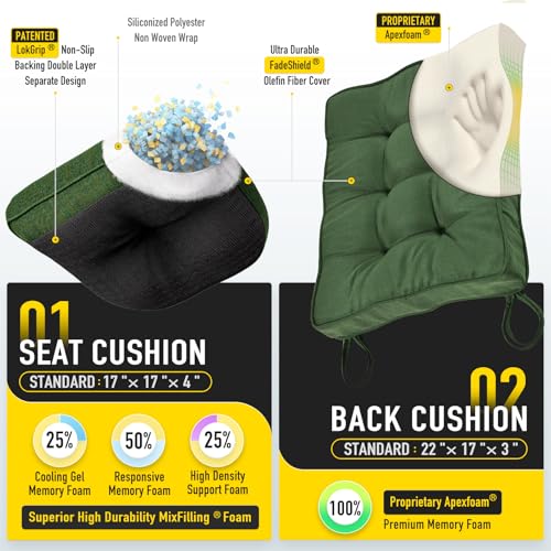 SUNROX Memory Foam Non Slip Rocking Chair Cushion, FadeShield Water Resistant Thicken Durable Tufted Pads, Set of Seat & Back Cushion with Ties for Indoor/Outdoor Rocker, 2 Piece, Army Green - color: Army Green