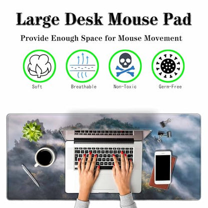 Foggy Landscape Full Desk Mouse Pad Mountain Clouds Sunrise Hills Trees Spring Large Gaming Mousepad for Keyboard PC.Home,Office 35.4"X15.7" - color: foggy landscape