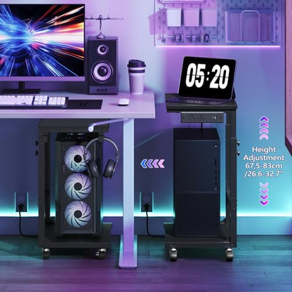 MAHANCRIS Computer Tower Stand with Power Outlet, Mobile PC Stand for Floor, Height Adjustable PC Holder Cart Under Desk, 26.6"-32.7" H, for Home Office, Gaming Room, Black PCHS216E01 - size: 23.6"L x 11.0"W x 26.6"H