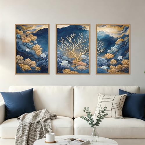 HPNIUB Blue Dreamy Underwater Framed Canvas Wall Art Set 24''×36''×3 | Modern Gold Coral Seascape Wall Decor Abstract Navy Ocean Marine Fish Artwork Living Room Bedroom Farmhouse Office - color: Blue Underwater Wall Art, size: 24"L x 36"W