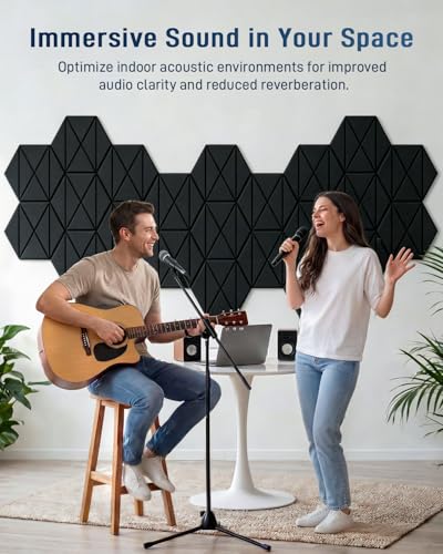 12 Pack Hexagon Acoustic Panels, 12" x 10" x 0.4" X-Lines Design Self-Adhesive Soundproof Wall Panels, High-Density Sound Absorbing Panels for Recording Studio, Home Office, Gaming Room, Black - color: X-Lines - Black, size: Hexagon - 12 Pack