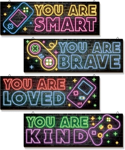 4 Pcs Neon Gaming Decor for Boys Room Wooden Video Game Wall Art Print Motivational Quote Gamer Hanging Plaques Wall Decor for Boys Kids Room Bedroom Playroom Decorations,12 X 4 Inch - color: b, size: 12x4