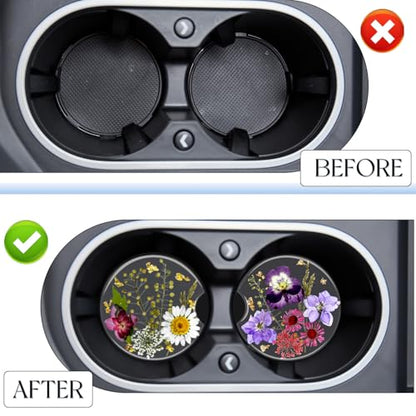 Swooflia Flower Car Cup Holder Coasters for Women - 2.75 Inch Cute Resin Clear Automotive Drink Cupholder Insert Car Accessories 2 Pack White Purple - color: White Purple