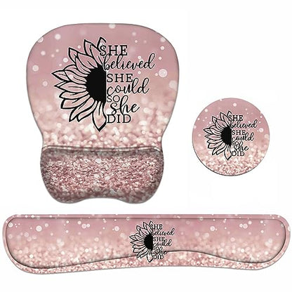 Mouse Pad Wrist Support and Keyboard Wrist Rest Set with Coasters, She Believed She Could So She Did Inspirational Quote with Non-Slip PU Base Ergonomic Mousepad for Home Office Working Studying - color: She Believed She Could So She Did Inspirational Quo