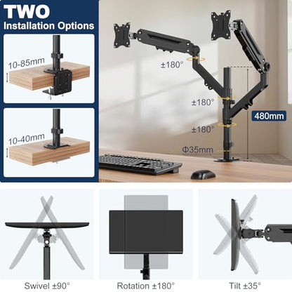 Dual Monitor Mount for 17 to 40 inches, Holds up to 26.4 lbs, Monitor Desk Arms for 2 Monitors Vertical/Parallel Placement, with Clamp/Grommet Base, VESA Mount 75/100 mm