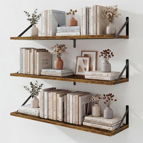 Fun Memories Floating Shelves for Wall, 36 Inches Long Set of 3 Wall Shelves for Bedroom, Floating Bookshelves with Metal Brackets for Living Room, Kitchen, Bedroom and Laundry Room (Rustic Brown) - color: Rustic Brown, size: 36"W x 8"D