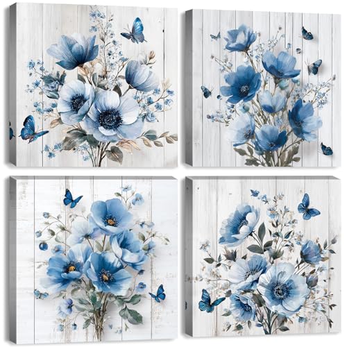 Blue Butterfly Wall Art Vintage Flowers Canvas Prints Spring Botanical Pictures Rustic Farmhouse Floral Painting Poster Blue Wildflower Canvas Artwork for Living Room Bedroom Home Decoration 12x12" 4Pcs - color: Blue Flower, size: 12 x 12 in
