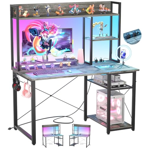 Cyclysio Gaming Desk with Hutch, 39'' Computer Desk with LED Lights & Power Outlets, Home Office Desk with Reversible 5 Tiers Storage Shelves & Monitor Stand, Small Gaming Table for Small Space, Grey - color: Grey, size: 39 inch