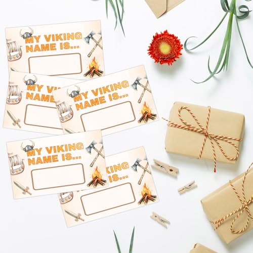 What's Your Viking Name Party Activity Cards, Viking Birthday Party Decor, Medieval Name Card Set with 1 Viking Name Sign and 30 Name Stickers, Party Table Decoration - style: Cow