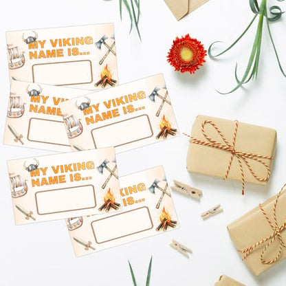 What's Your Viking Name Party Activity Cards, Viking Birthday Party Decor, Medieval Name Card Set with 1 Viking Name Sign and 30 Name Stickers, Party Table Decoration - style: Cow