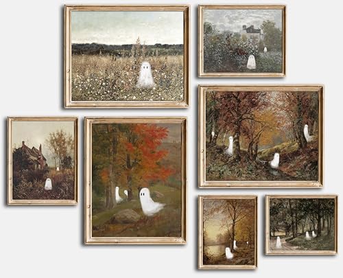 Kizbok Cute Ghosts Decor, Vintage Halloween Posters Ghost in Autumn Landscape Wall Decor Painting, Farmhouse Halloween Wall Art Prints for Bedroom, Moody Spooky Gothic Home Decor Dark Academia Aesthetic Picture for Gallery, Living Room, Bathroom halloween