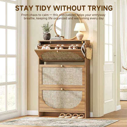 Nicetree Freestanding Ultra Slim Fluted Accent Shoe Storage Cabinet for Entryway - 3 Flip Drawers & 3-Tier Adjustable Shelves, Farmhouse Modern Rustic Shoe Rack for Hallway, Foyer