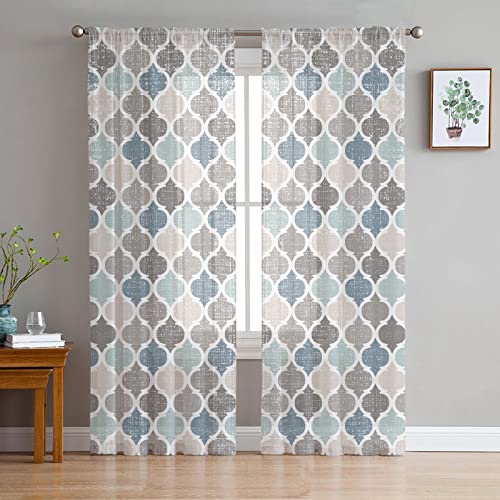 Moroccan Sheer Curtains 72 Inch Length 2 Panels Set for Living Room/Bedroom, Geometric Quatrefoil Plaid Blue Grey Geo Morocco Semi Curtain Sheers Drapes Rod Pocket Curtains Window Treatment Set - color: Morocco, size: 52"W x 72"L (Pack of 2)