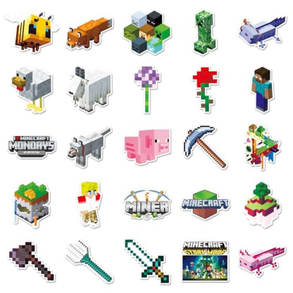 50 Pcs Pixel Miner Style Stickers, Stickers for Water Bottles, Video Game Party Supplies for Teens Mens Gamer Adults