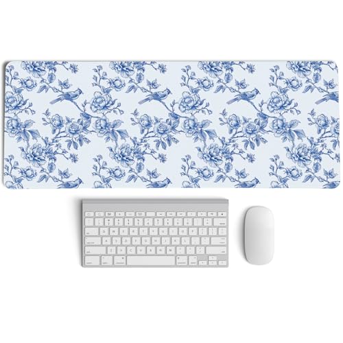 Navy Blue Chinoiserie Mouse Pad,Vintage Blue and White Floral Desk Mat,XL Large Flowers and Birds Preppy Mouse Pad,Girly Laptop Desk Mat for Dorm Home Office,31.5x11.8 Inch - color: XL Navy blue Floral
