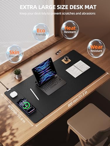 TopMade Mouse Pad with 15W Wireless Charging, XXL Large Leather Desk Mat, Waterproof Gaming Mousepad Home Office Desk Pad Protector, Black (Includes 20W PD Power Adapter & 6.56ft Woven Cable) - color: Black With Adapter