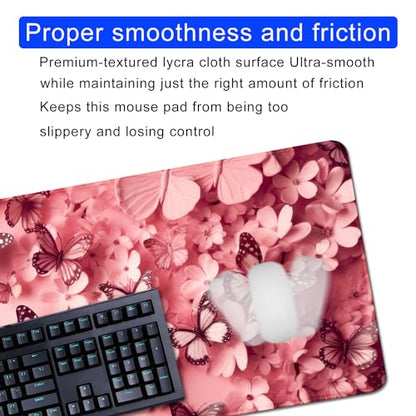 Pink Mouse Pad Desk Mat Butterfly Large Mouse Pads Desk Pad(27.5X11.8 in) | Long Mouse Pad Gaming mousepad Mouse Mat With Stitched Edge Non-Slip Rubber Base for Office Game Computer Keyboard Laptop - color: jjs o5