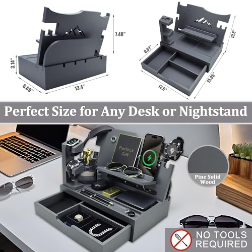 Nightstand Organizer for Men with Large Drawer, Wood Phone Docking Station for Phone, Apple Watch, Wallet & Keys, Ideal Birthday Gift for Father Husband, Bedside Desk Organizer (Grey) - color: Grey
