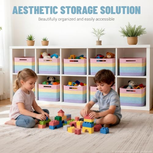 5 Pack Rainbow Woven Storage Baskets for Shelves, Decorative Toy Baskets Organizer for Kids Room, Nursery, Playroom, Classroom – Colorful Cotton Rope Toy Storage Bins for Organizing & Decor - color: Rainbow