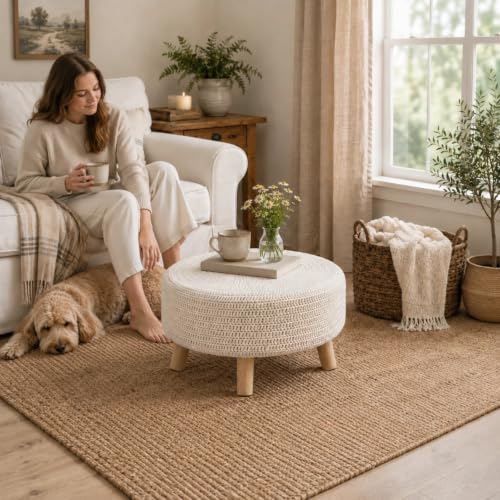 Wimarsbon Pouf Ottoman, 100% Cotton Knitted Boho Footstool, Round Footrest with Non-Skid Wood Legs, Home Décor Handmade Pouffe, Leisure Floor Step Stool for Living Room (20" White) - color: 20" White