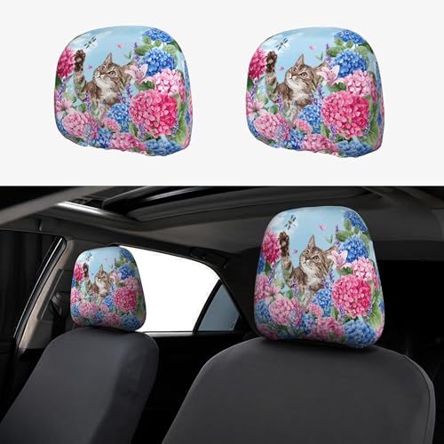 Funny Headrest Covers for Car Universal Lovely Cat Pattern Head Rest Cover for Women - color: Hydrangea Cat Blue