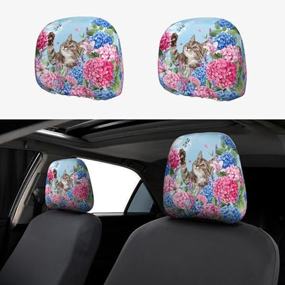 Funny Headrest Covers for Car Universal Lovely Cat Pattern Head Rest Cover for Women - color: Hydrangea Cat Blue
