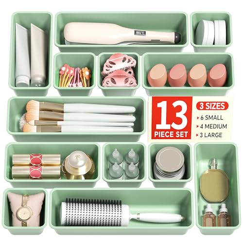 Canfanni 13 Pack Plastic Drawer Organizers Set, 3 Sizes Desk Drawer Organizer Trays for Vanity and Makeup Organizer, Organization and Storage for Makeup, Kitchen Utensils, Bathroom and Office(Green) - color: Green
