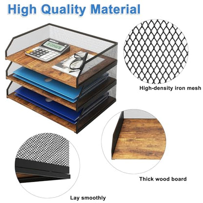 Natwind 3-Tier Stackable Metal Mesh Paper Organizer with Sliding Tray,Retro | Wooden Desk Organizer, Letter Tray For Desktop,File Holder For Home Office School Classroom Organization - size: 3 Tier