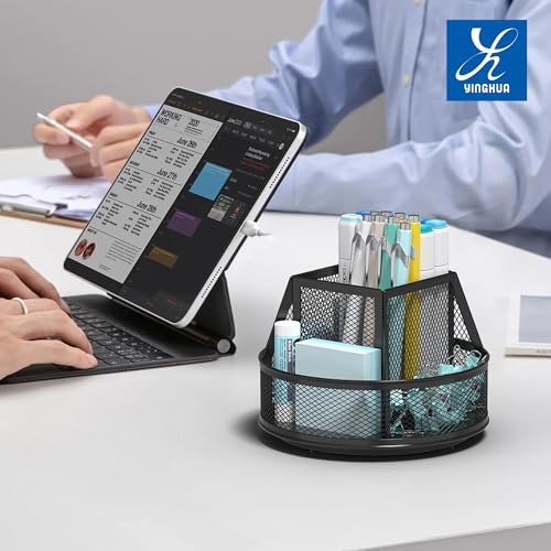 YINGHUA Metal Mesh Desk Organizer with 5 Compartments and Rotating Pencil Holder Pen and Stationery Organizer for Office Home School Anti Slip Base Black - color: Black