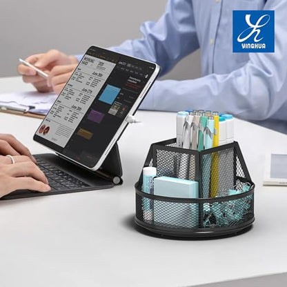 YINGHUA Metal Mesh Desk Organizer with 5 Compartments and Rotating Pencil Holder Pen and Stationery Organizer for Office Home School Anti Slip Base Black - color: Black