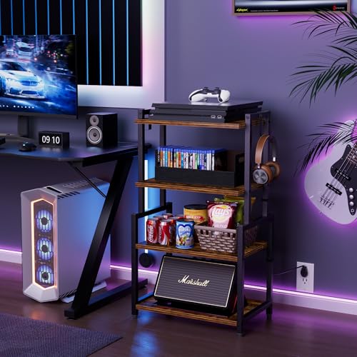 HYPIGO 4-Tier AV Media Corner Shelf, Game Console Stand with 2 Hooks, Stereo Audio Component Rack, Small Entertainment Center for Video Game and Vinyl Record Storage, Rustic Brown