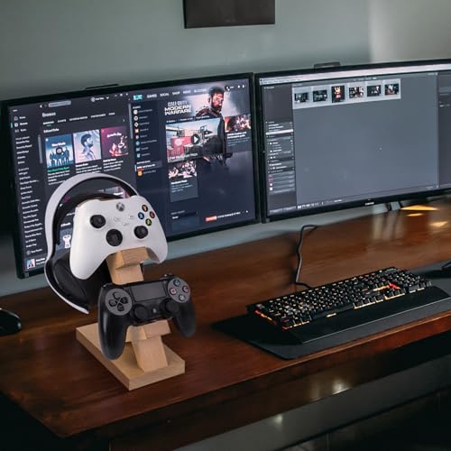 GEEKRIA Solid Wood Dual Gamepad and Headphone Stand, Controller Storage Holder for PS4, PS5, Xbox, Switch, 8BitDo, Universal Desk Game Accessories (Light Brown) - color: Light Brown