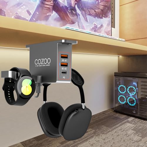 cozoo Metal Grey Under Desk Headphone Stand with 3 USB Charging Ports (PD & QC3.0), Dual Headset Hanger & Watch Hook,Gaming Accessories for Desk, Gifts for Men, Gamers, Teen Boys & Boyfriend - color: Space Gray (PD & QC3.0)