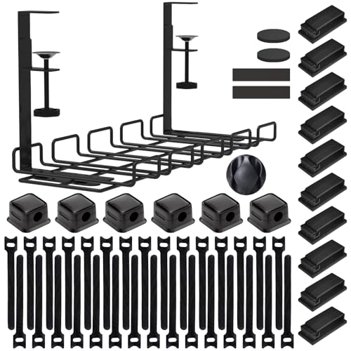 Under Desk Cable Management Tray, No Drill Steel Cord Organizer Kit with 52Pcs Different Essential Accessories for Home Office Standing Desk (15.7/13.4inch, Black) - size: 51-Piece