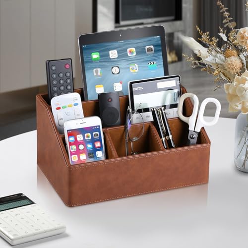 PU Leather Desk Organizer, Luxury Remote Control Holder for Home, Office Desk Accessories Table Caddy Bedside Nightstand Organizer (Brown) - color: Brown