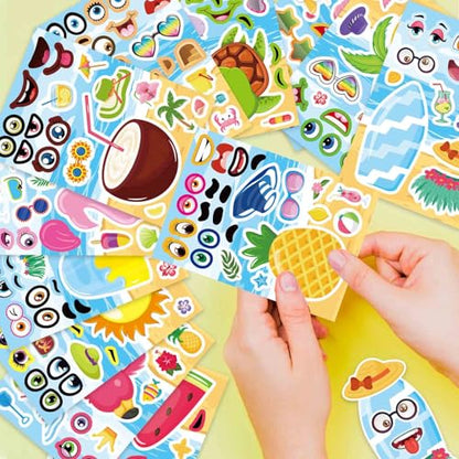 24 Sheets Summer Stickers for Kids, Make a Face Sticker Hawaii Tropical Pool Beach Stickers, Make Your Own Watermelon Pineapple Flamingo Sticker for Tropical Luau Party, Summer Holiday Party Favors - style: Summer