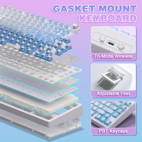 N75 V2 Mechanical Keyboard,75% Layout with Knob,2.4GHz/BT/Wired Tri-Mode Wireless Keyboard, Gasket Hot Swappable Gaming Keyboard,Linear Switches, RGB Backlit for Win & Mac (Pink-Blue Gradient) - color: Pink-Blue Gradient, size: Glacier Pro Switche