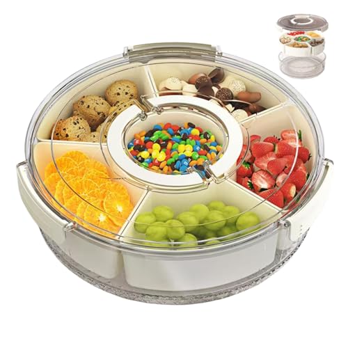 Snackle Box Container Divided Rotating Serving Tray with Lid and Handle | Portable, For Fruits Snacks Veggie Charcuterie, Spinner Organizer, Fridge Storage Container, For Travel and Picnic