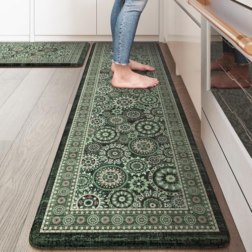 KIMODE Kitchen Mats for Floor Anti Fatigue, Farmhouse Green Kitchen Rugs Sets of 2, Cushioned Kitchen Floor Mats, Comfort Standing Mat for Sink, Laundry, Office, Desk 17"x59"+17"x29" - color: Green/Multi, size: 17.3" x 59"+17.3" x 29"--0.47 inches