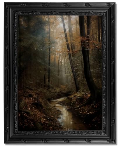 Dark Moody Forest Stream Framed Wall Art, Moody Aesthetic Landscape Canvas Print with Ornate Black Carved Frame, Witchy Gothic Dark Academia Decor for Bedroom, Living Room & Halloween - color: Forest Stream, size: 16"L x 12"W