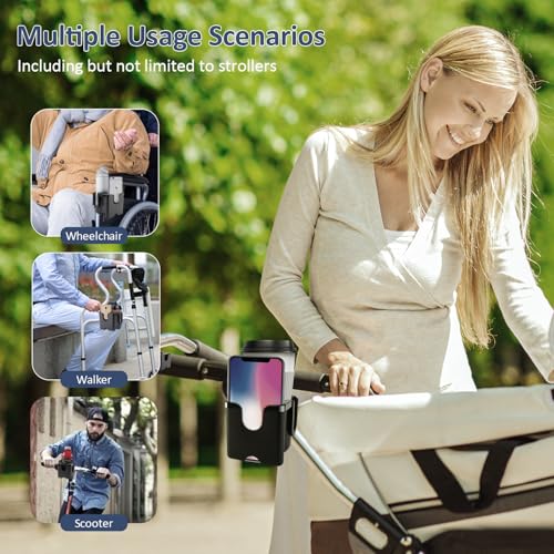 Universal Stroller Cup Holder with Phone Holder, 360°Rotatable Bottle Holder with Strong Clip, Accessories for Stroller, Bike, Wheelchair, Walker, Scooter (UM-SCH-B2409, Large)