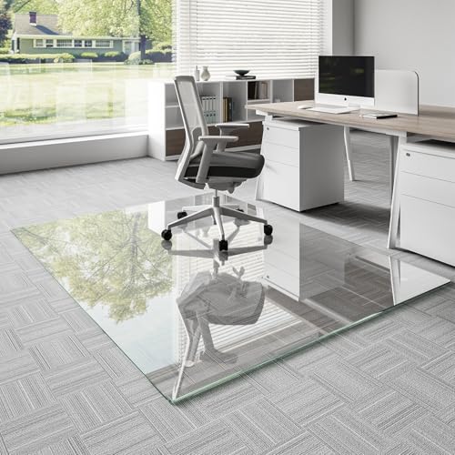 Koonmi Glass Chair Mat for Carpet, Tempered Glass 50"x65" Office Chair Mat, Glass Chair Mat with Rounded and Polished Edges, 4 Non‑Slip Pads, Smooth Rolling for Carpet Hardwood Floor Protection - color: Transparent, size: 50"x65"