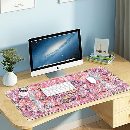 iLeadon Desk Mat Set, Mouse Pad with Wrist Rest + Keyboard Wrist Rest + Large Mouse Pad + Coaster, 4in1 Rug Large Gaming Mouse Pad Set for Home Office, Boho Retro Art - color: Boho Retro Art